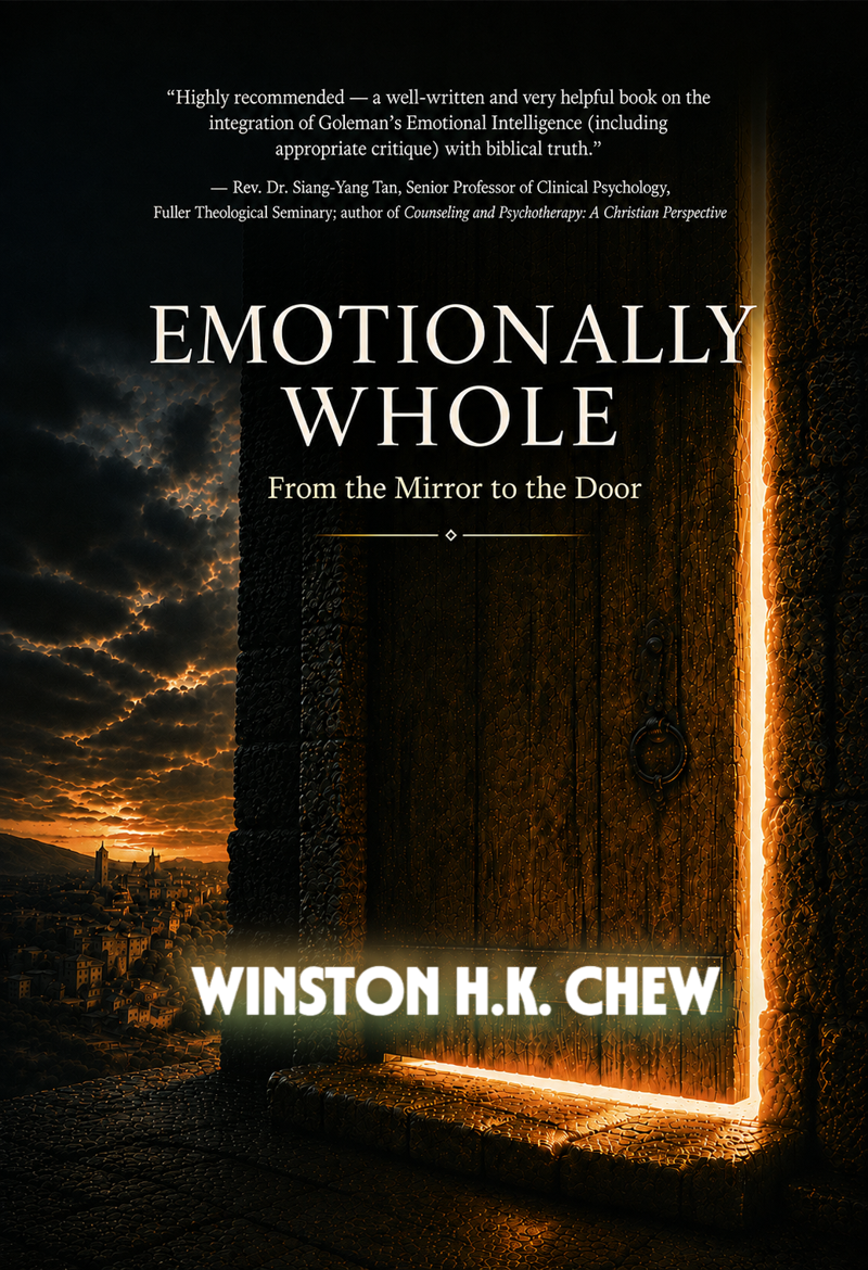 Emotionally Whole book cover — a heavy wooden door with warm light breaking through its frame, above a darkened city at dusk